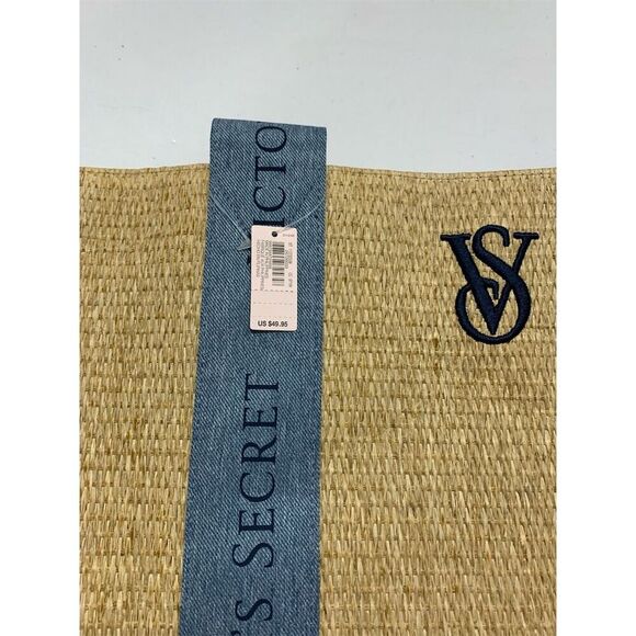 Victoria's Secret Large Weekender Straw Beach Tote Bag Blue Logo Travel Bag - Picture 4 of 9